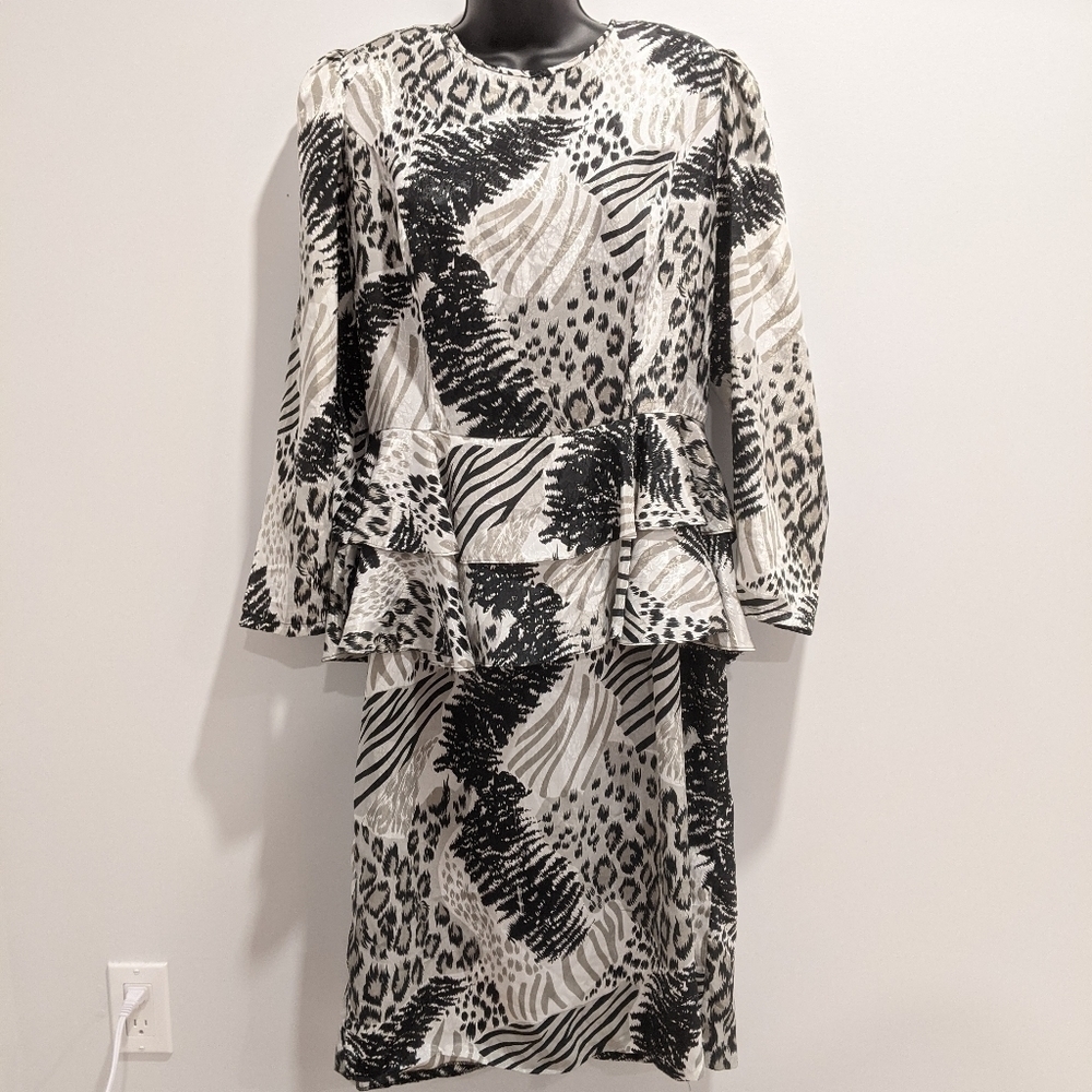 𝅺Vintage 80's Satin Animal Print Peplum Dress 15/16 Zebra Cheetah Leopard